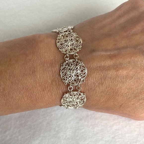 Sterling Silver 925 Round Scrollwork Filigree Link Bracelet & Dangle Earring Set - Picture 2 of 16